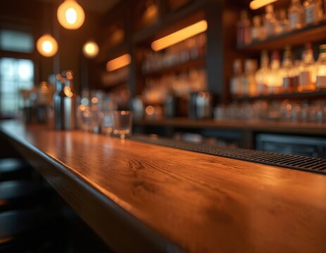 Polished wooden bar counter with cocktail shakers and glasses. Dimly lit background with warm lights creates cozy inviting atmosphere. Trendy bar interior, nightlife, hospitality theme.