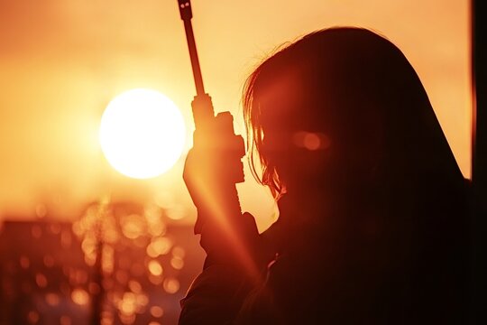 Female security guard using walkie talkie during sunset, creating a dramatic silhouette against the vibrant orange sky, ensuring safety and communication in a challenging environment