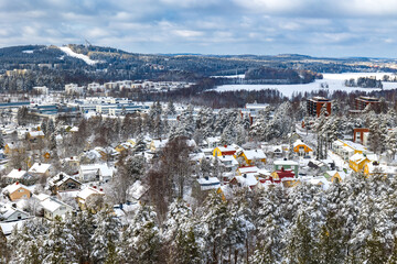 Aerial panoramic view of Jyvaskyla in snow, Finland