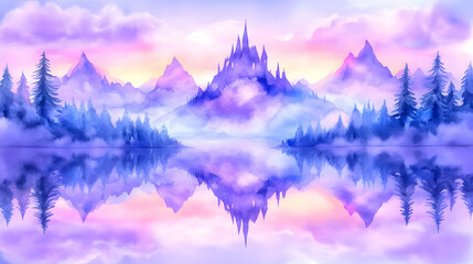Fairytale castle reflecting in a misty lake at sunset, mountains in background; fantasy illustration