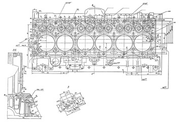 Fototapeta premium Cylinder block of engine of cargo vehicle. Engineering mechanical drawing of automotive device. Industrial cad scheme on white paper sheet. Technology design of machine building industry.