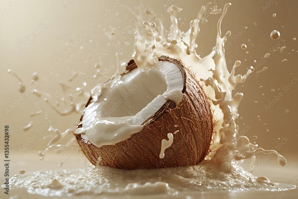 Aufkleber coconut milk splashing from a freshly cracked coconut, creating a dynamic and refreshing scene that 