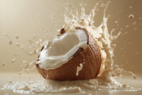 Coconut milk splashing from a freshly cracked coconut, creating a dynamic and refreshing scene that embodies the essence of tropical indulgence