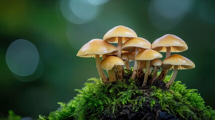 Fototapeta premium A cluster of wild mushrooms growing on a small mound of moss