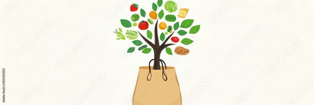 Poster conceptual illustration of a tree emerging from a grocery bag with food icons as leaves in a clean e