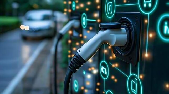 Electric vehicle charging station with car.