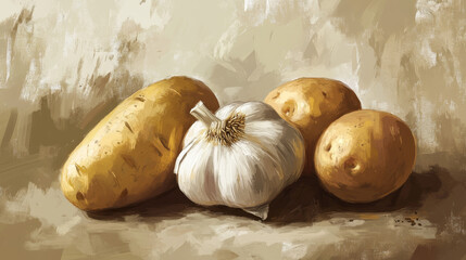 Garlic and potato badge vector illustration.