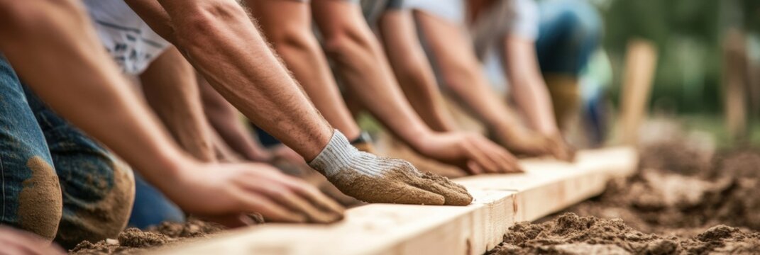 Volunteers collaborate to build a home in a rural community, showcasing teamwork and compassion through construction efforts