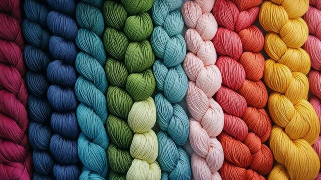 Crafting colorful yarn spools displayed in a vibrant row for creative projects and artistic inspiration