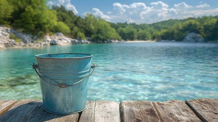 Naklejka premium Blue bucket on wooden pier, tranquil lake, forest backdrop, summer day