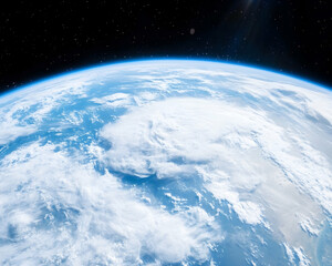 Fototapeta premium Earth from space, clouds, atmosphere, sun glare, planet view, environmental study