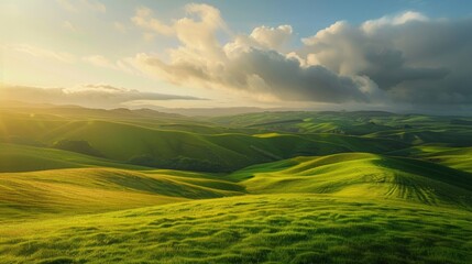 Obraz premium Endless rolling green hills under a partly cloudy sky, creating a peaceful countryside view 