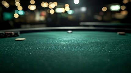Detailed close-up of a green poker table set against a dark background
