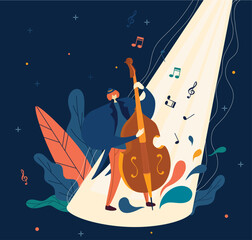 Music. Man/ woman playing on double bass, violin. Music notes flying around. Good vibe, music, play, string.