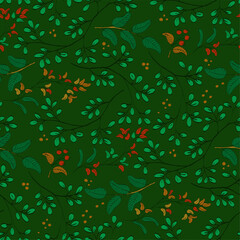 Seamless, repeatable pattern botanical, leaves and berries with outline and color. Petite size. Tossed, random pattern. 