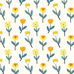 Seamless Pattern Cartoon Yellow Floral and Green Leaves Vector