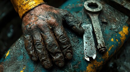 Grimy hands and tools rest on a stained surface