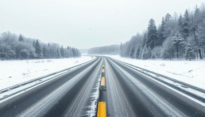 Winter Road Through Snow Covered Forest Landscape Under Overcast Sky