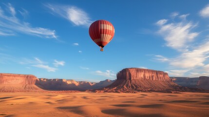 Fototapeta premium Hot air balloon over monument valley desert landscape at sunrise