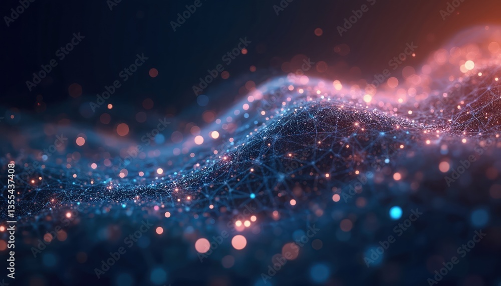 Aufkleber Digital abstract representation connectivity with glowing particles, lines on dark background. Futuristic tech network design, innovation. Abstract cyber space, computer connection. Modern design.