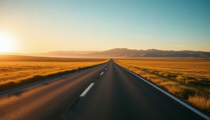 Fototapeta premium Road Through Golden Fields at Sunset with Mountains and Clear Sky