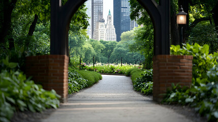 Fototapeta premium Pathway Through Garden Archway with City View