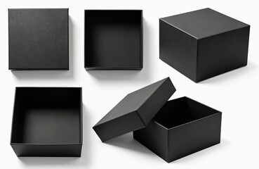 Set of empty black boxes on white background. Different perspectives of opened or closed cube shapes. Packaging or gift boxes for branding. Luxury style.