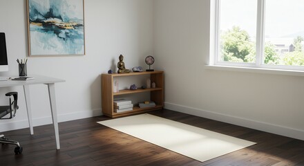 Yoga Mat in Bright Room with Desk and Bookshelf Ready for Exercise