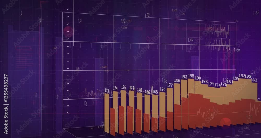 Poster animation of 3d bar graph overlaying numerical data on digital financial chart