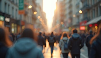 Illustration shows city life in motion with bokeh effect. People walking through busy street, blurred background. Urban scene of crowd, movement, lifestyle, diversity, youth, communication, commerce,