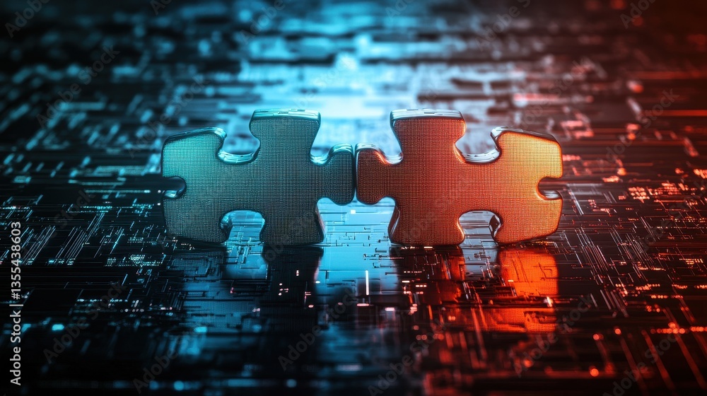 Poster tech puzzle two pieces connect on circuit board.