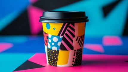 Disposable coffee cup close up. Retro 80s style fashion vibes