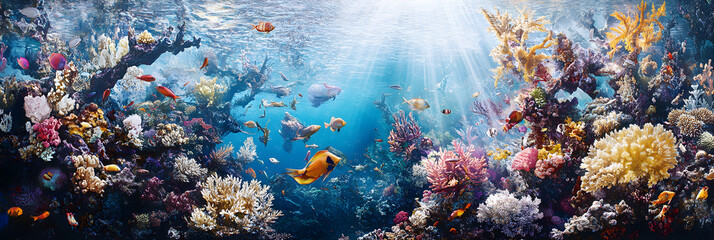 Fototapeta premium Vibrant Coral Reef Ecosystem: A Dynamic Underwater World of Colorful Corals and Diverse Marine Life
