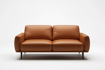 Fototapeta premium Modern, caramel-colored two-seater sofa. Sleek design with cushions and dark legs. Studio shot on a neutral background. Minimalist style.