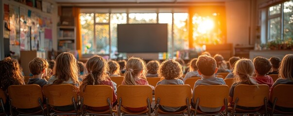 Children attentively watching a screen in a classroom bathed in golden sunset light