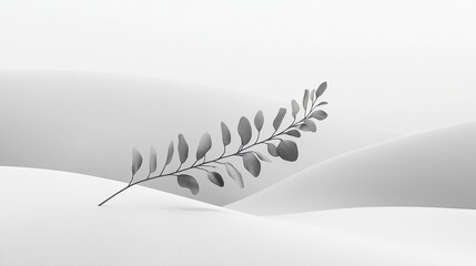 A modern minimalist capture of a solitary runway-like eucalyptus branch bending against smooth surroundings