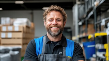 Smiling worker in a warehouse setting