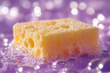 Close-up of Yellow Cleaning Sponge in Purple Bubbly Soapy Water