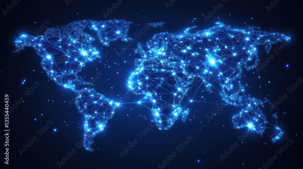 Poster glowing world map global network connection.