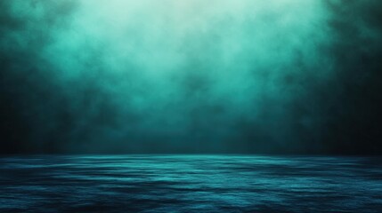 A serene seascape with dark turquoise waters under an ethereal mist, creating a tranquil and mysterious atmosphere.