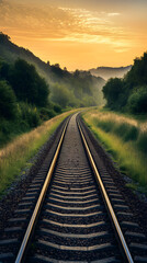 Fototapeta premium Serene Railway Track at Dawn Amidst Lush Greenery Inspiring Tranquility and Endless Journeys