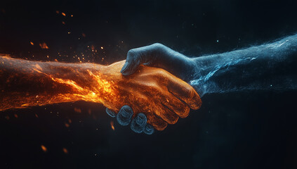 Two opposing forces unite in a powerful handshake symbolizing harmony between fire and water