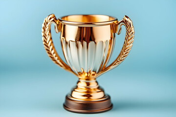 Gold trophy award on blue background. Success concept