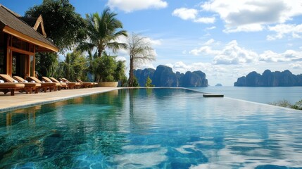 Obraz premium Luxury Infinity Pool Overlooking Tropical Sea and Mountains