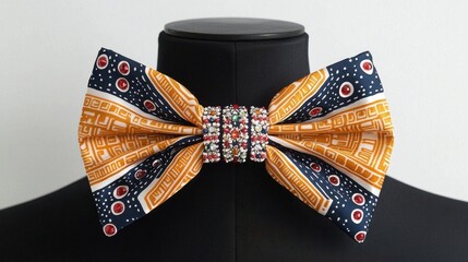 A colorful patterned bow tie displayed on a black mannequin, showcasing intricate designs and vibrant colors.