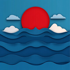 Red Sun Ocean Sunset Paper Art.