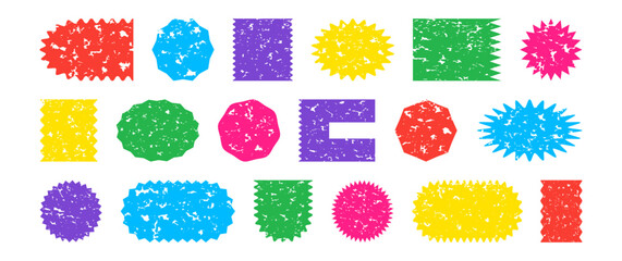 Sticker shape starburst charcoal icon, stamp crayon wave edge, starburst label colorful chalk, sale price tag icon, sun grunge badge, discount sketch curve set. Watercolor banner. Vector illustration