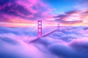 Golden Gate Bridge above clouds, sunrise, travel postcard