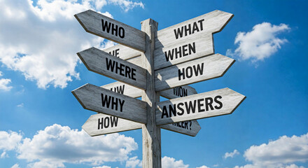 Wooden signpost with directional arrows showing questions: who, what, when, where, why, how, and answers against a blue sky with clouds, symbolizing decision-making and finding solutions