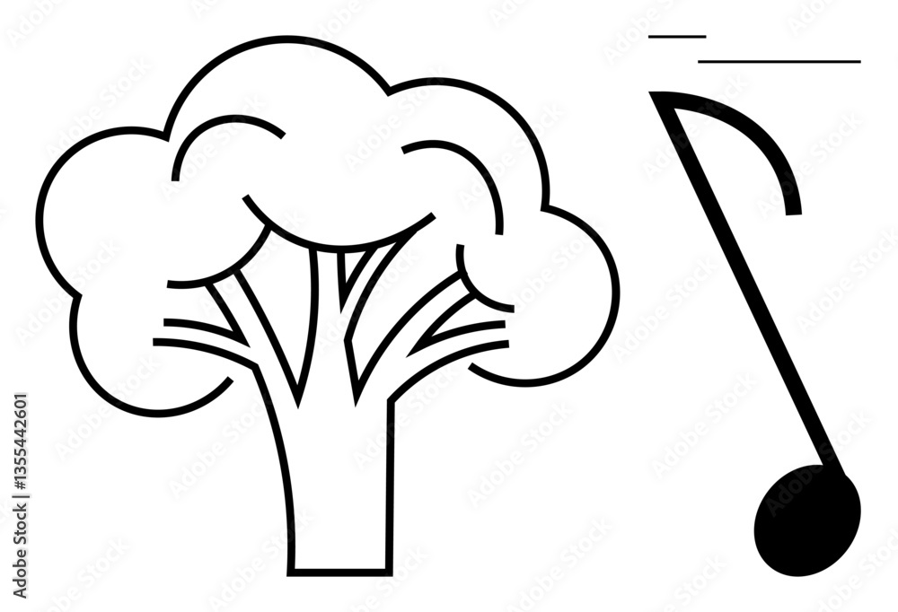 Poster outline of a tree and a musical note combining nature imagery with sound elements. ideal for concept